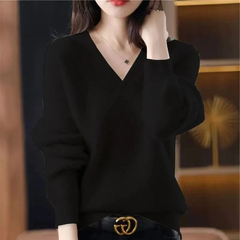 Cashmere Sweater Women's 100% Wool Sweater Fashion V-neck Knitted Pullover 2024 Winter and Autumn New Loose Solid Soft Sweater