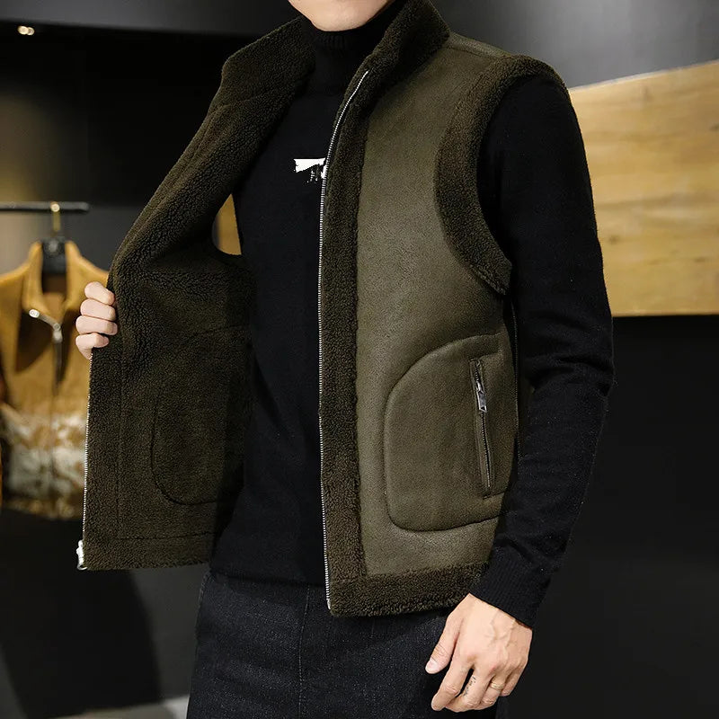 Winter Lamb Wool Vests Men Warm Coat Fashion Casual Thick Stand Collar Sleeveless Jacket Can Be Worn On Both Sides Waistcoat Man