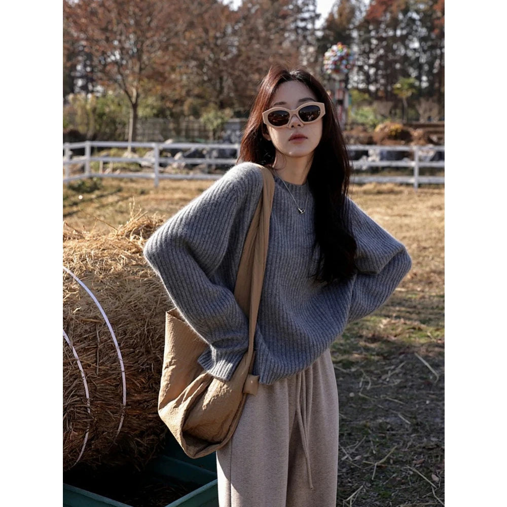 100% Cashmere sweater for women's autumn and winter loose and soft sweater wool knitted sweater round neck base layer