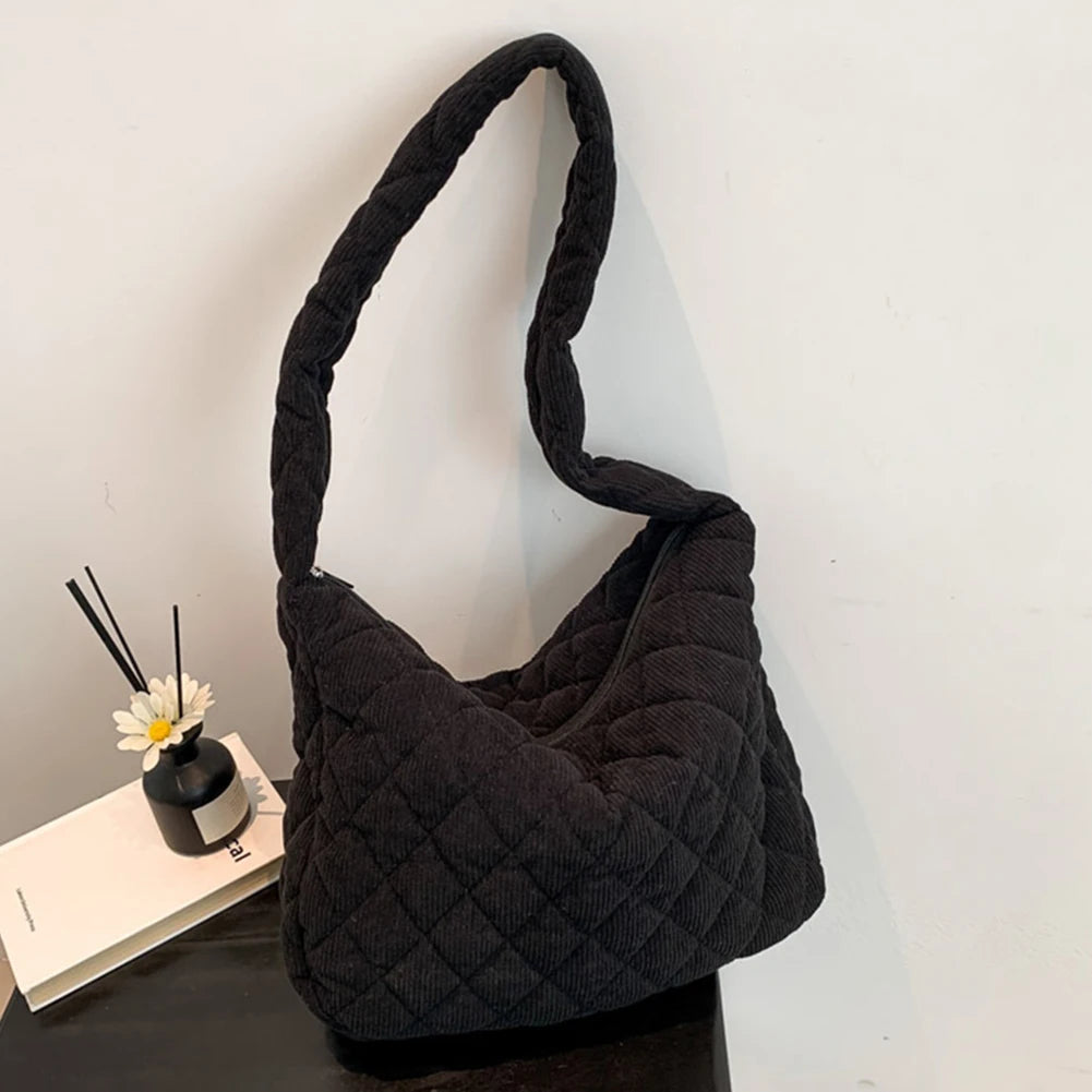 Women Underarm Bag Stylish Corduroy Quilted Shoulder Bag Trendy Bag Fashion Work Tote Retro Classic Purse Solid Color Handbag