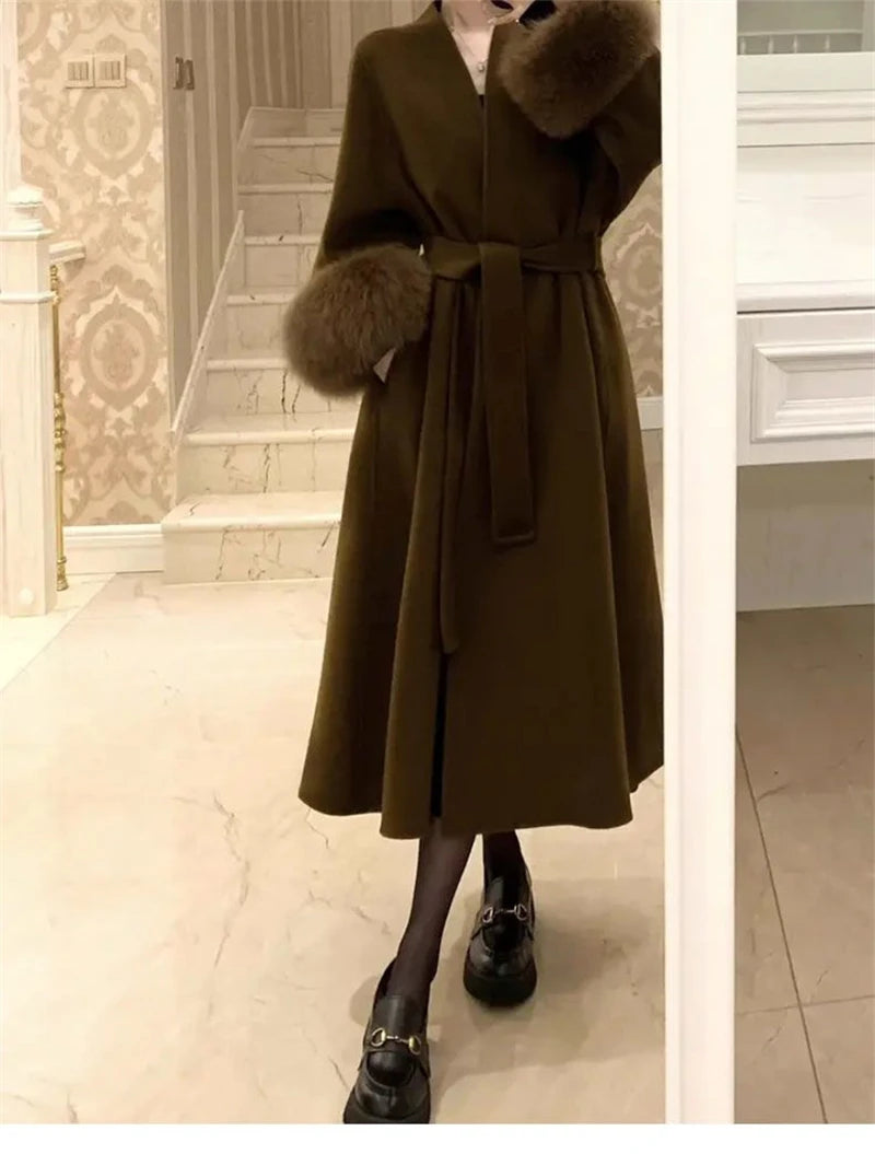 2025 Spring Women Drouble Breasted Woolen Coat Loose Style Cashmere Winter Clothes Long Coats Tops New