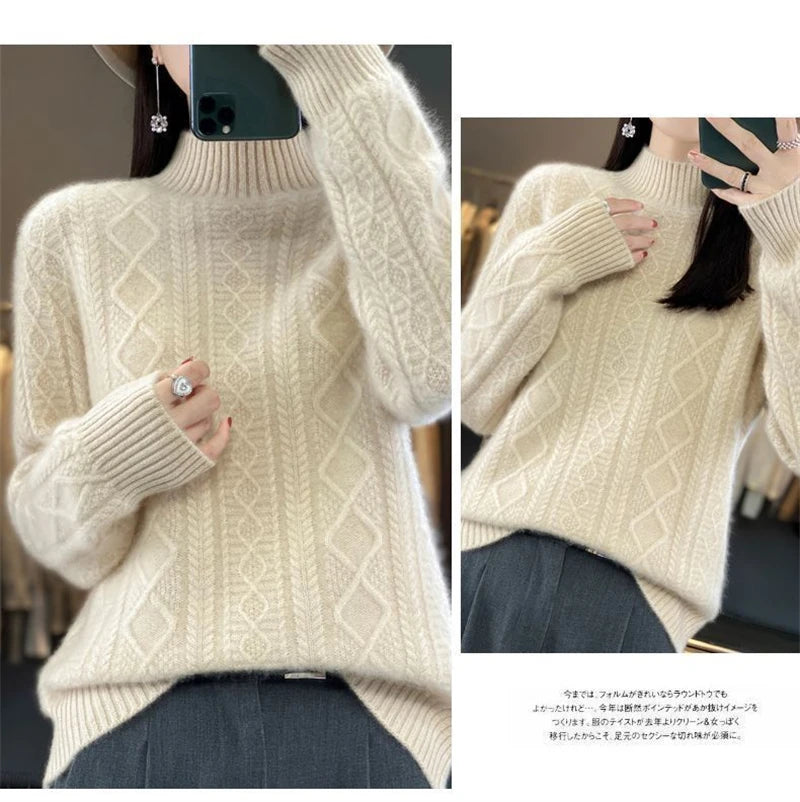 2024 New Women Autumn Winter Sweater Thick 100% Merino Wool Turtleneck Casual Cashmere Knitwaer Pullover Korean Fashion Tops