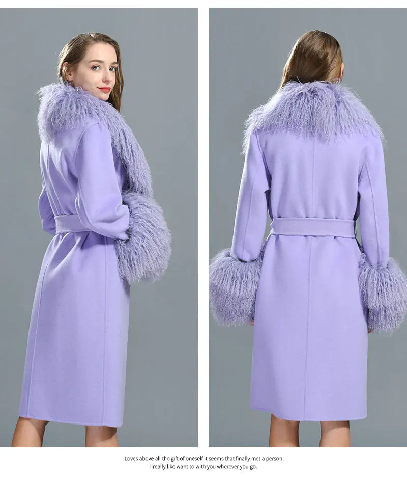 Women Cashmere Wool Coat With Real Mongolian Sheep Fur Collar  Ladies Autumn Winter Fashion Long Outwear Full Sleeve Fur Jacket