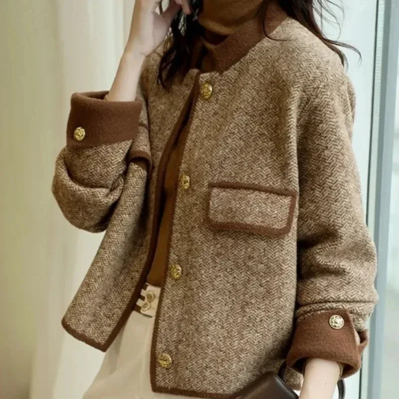 Knitting Wool Blend Coat for Women New In Round Neck Mixtures Jacket Woman Fashion 2025 High Quality Medium Elegant Hot Autumn