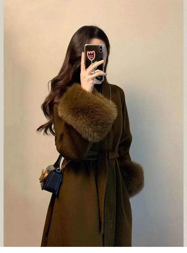 Women Autumn Winter Woolen Coat 2025 New High-End French Style Fur Sleeves Mid-Length Woolen Coat Women Long Coat Loose Outwear