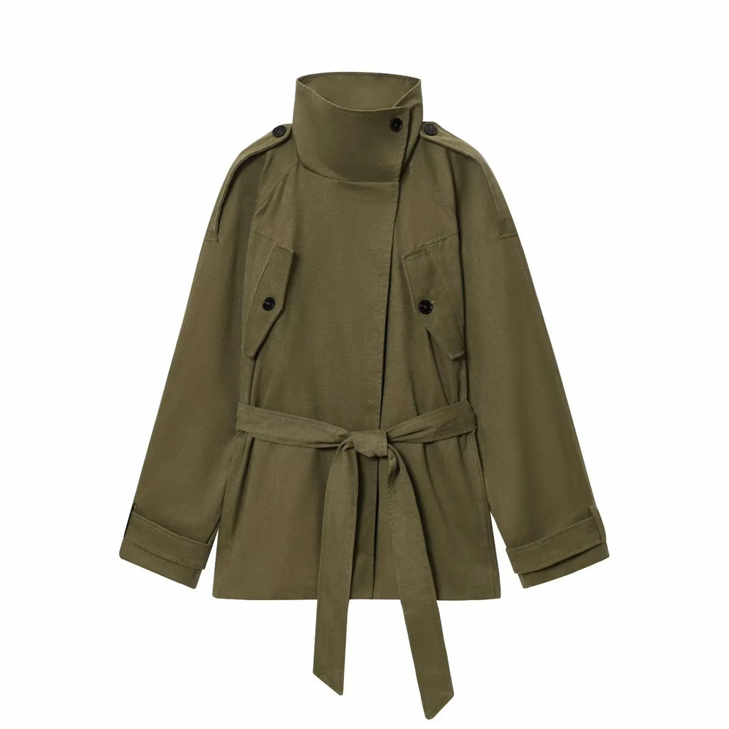 Women's 2025 Autumn New Trench Coat Style Army Green Long Sleeve Cotton Belt Decorative Trench Coat Casual Versatile jacket
