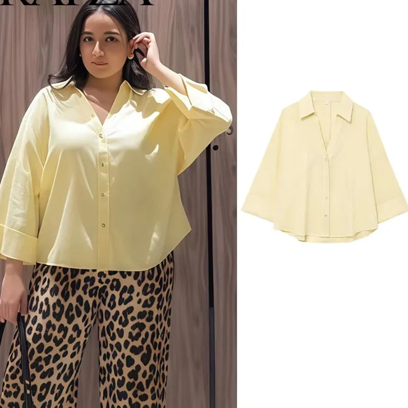2025 Women Yellow Shirt Fashion Cotton Linen Wide-sleeved Short Shirt Single-breasted Casual Loose Blouse Mujer Roupas