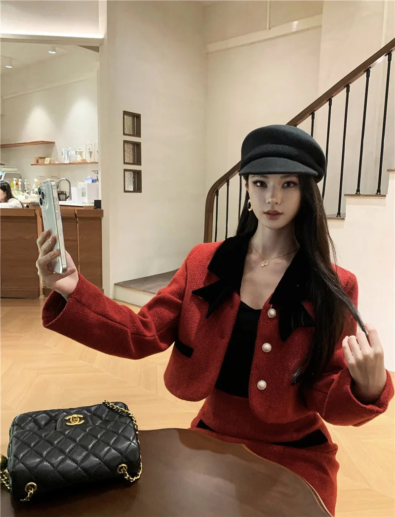 Winter Outfit Women 2024 New Elegant Lady Thickened 2 Pieces Sets Women Sweet Fashion Short Coat High Waist Long Skirt Suits