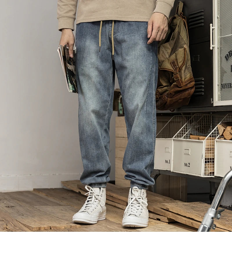 Classic Washed Blue Denim Jeans for Men American Minimalist Loose Tapered Pants Versatile for Outdoor Wear Elastic Waistband