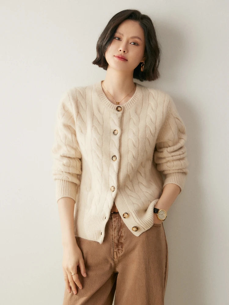 Luxury Women 100% Cashmere Sweater O-neck Cardigan Cable Knitting Thick Sweater Coat Autumn Winter Heavyweight Cashmere Clothes