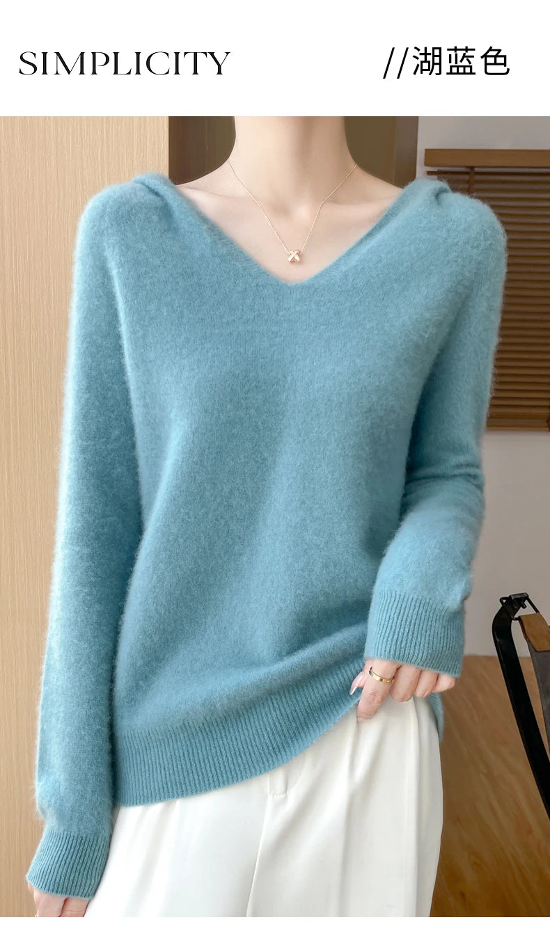 Women Autumn Winter Clothing Hooded Collar Pullover 100% Merino Wool Sweater New Fashion Cashmere Tops Bottoming Knitwear Soft