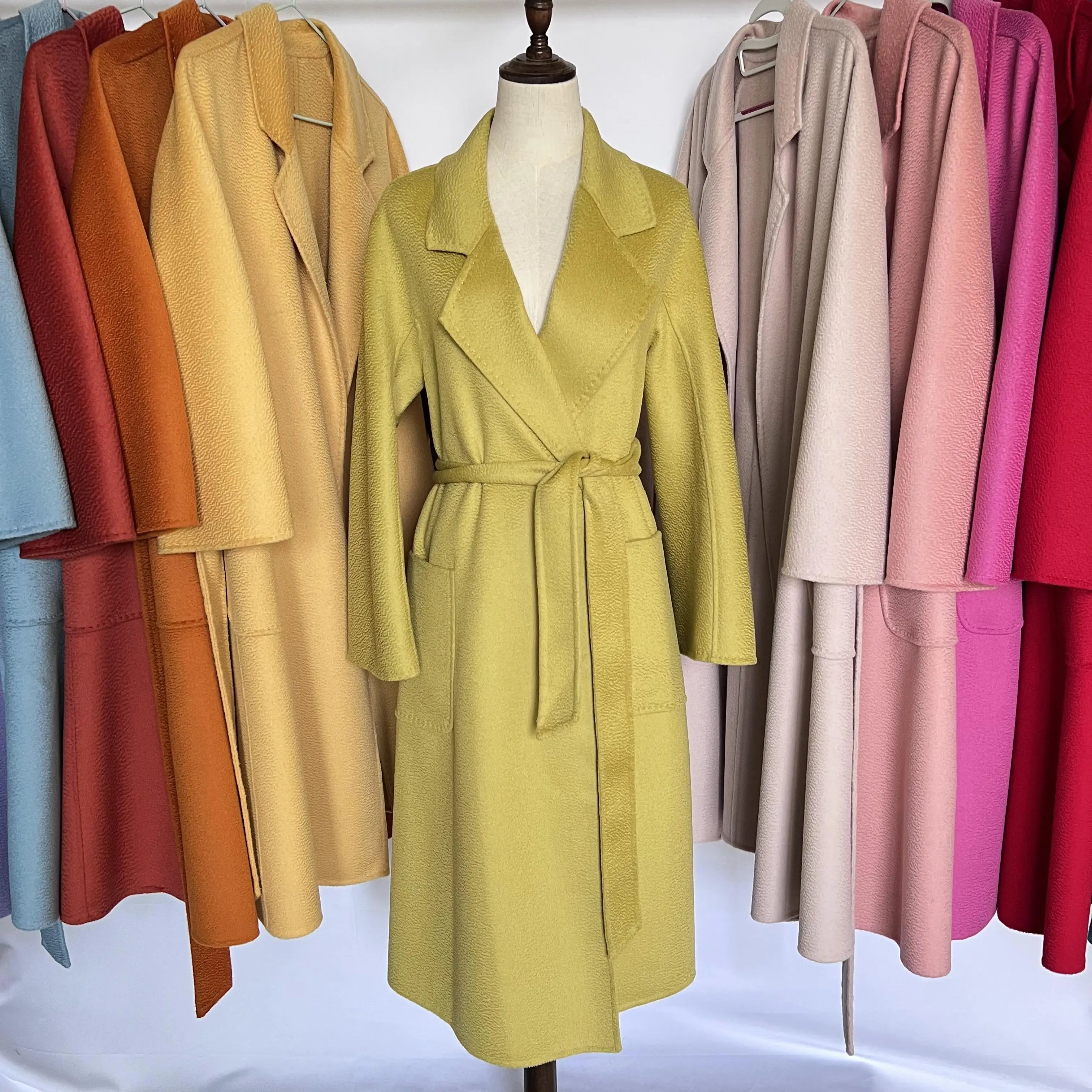 Cashmere Coat Female Winter Mid-Length Corrugated Coat Black Wool Coat Woman Autumn New Casual Fashion Red Beige Lace-Up Coat