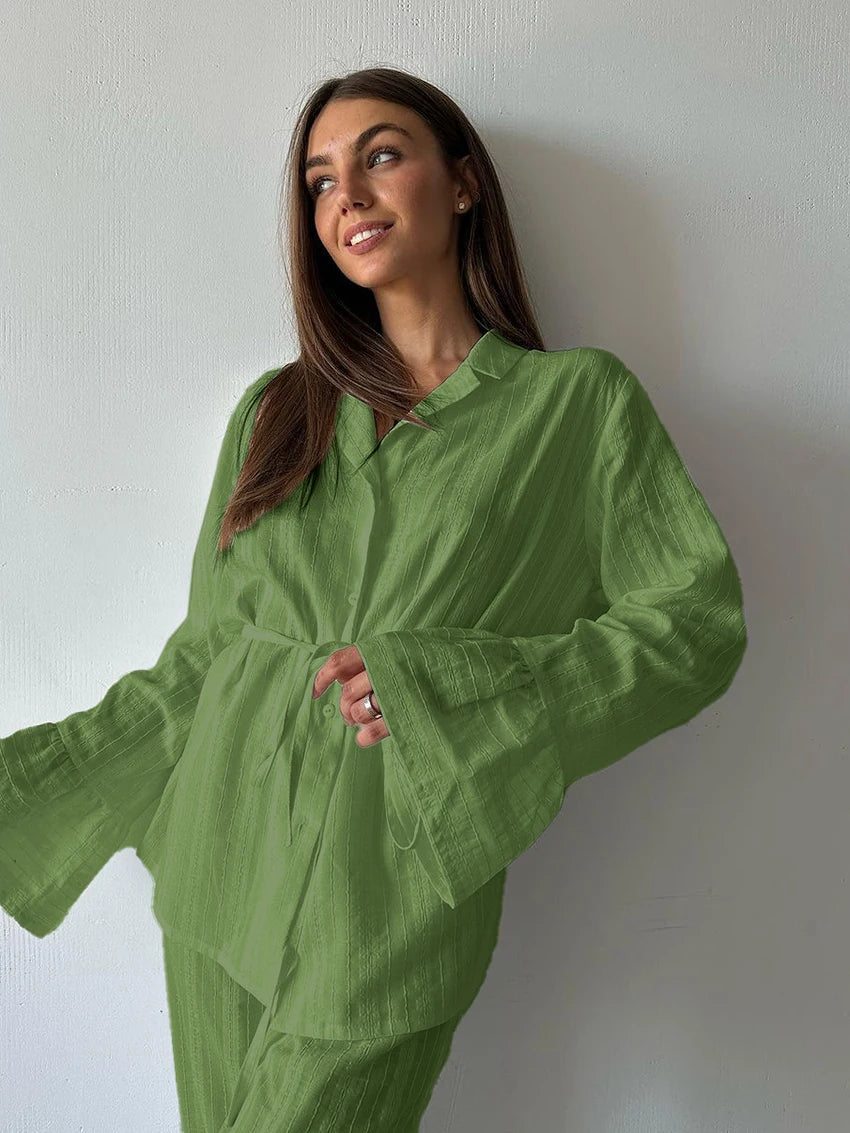 Marthaqiqiq Casual Women Nightgown 2 Piece Suit Long Sleeve Nightwear Turn-Down Collar Sleepwear Pants Loose Home Clothes Ladies