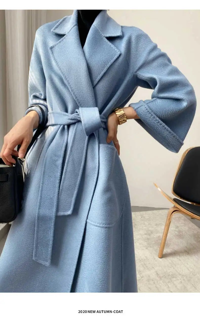 Women Double-Sided 20% Cashmere Wool Coat Jacket Women Long Beautiful Woolen Winter Autumn Warm Fashion Water Ripple Cloak