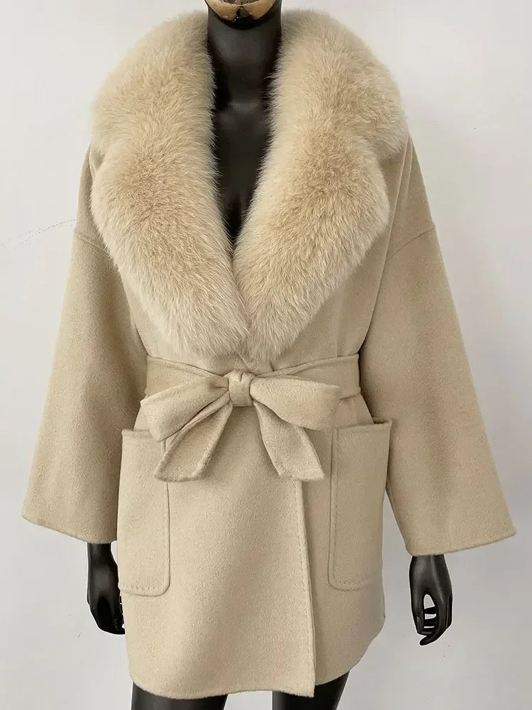 2025 Winter Fashion Women Double-sided Wool Cashmere Coat with Detachable Natural Fox Fur Collar Luxurious Genuine Fur Coat