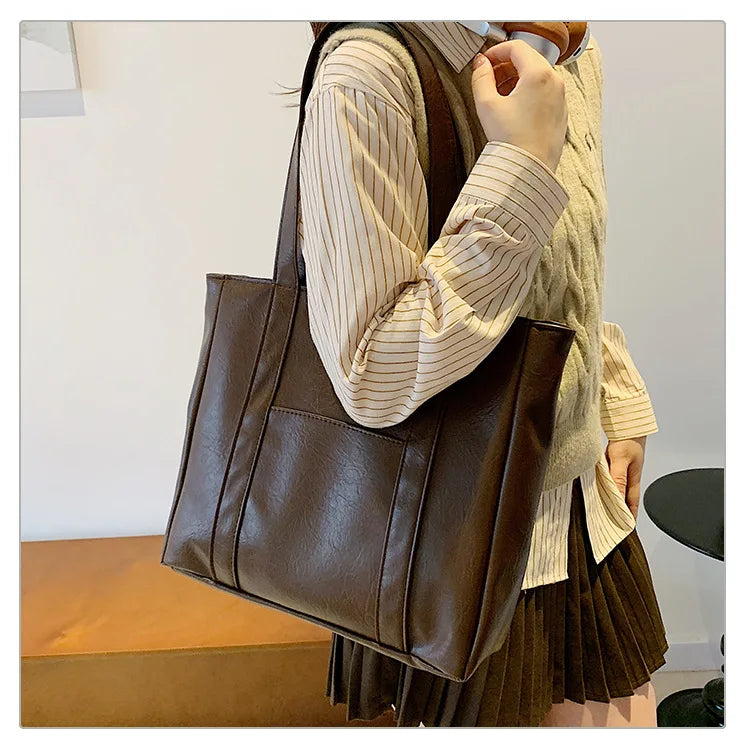 Simple Large Capacity Tote Bags for Women Retro Pu Leather Ladies Shoulder Bag Commuter Portable Girls Student Underarm Handbag
