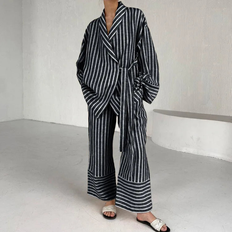 Women's Clothing 2025 Autumn New Striped Long-sleeved Loose Lace Top High Waist Trousers Fashionable Casual Suit