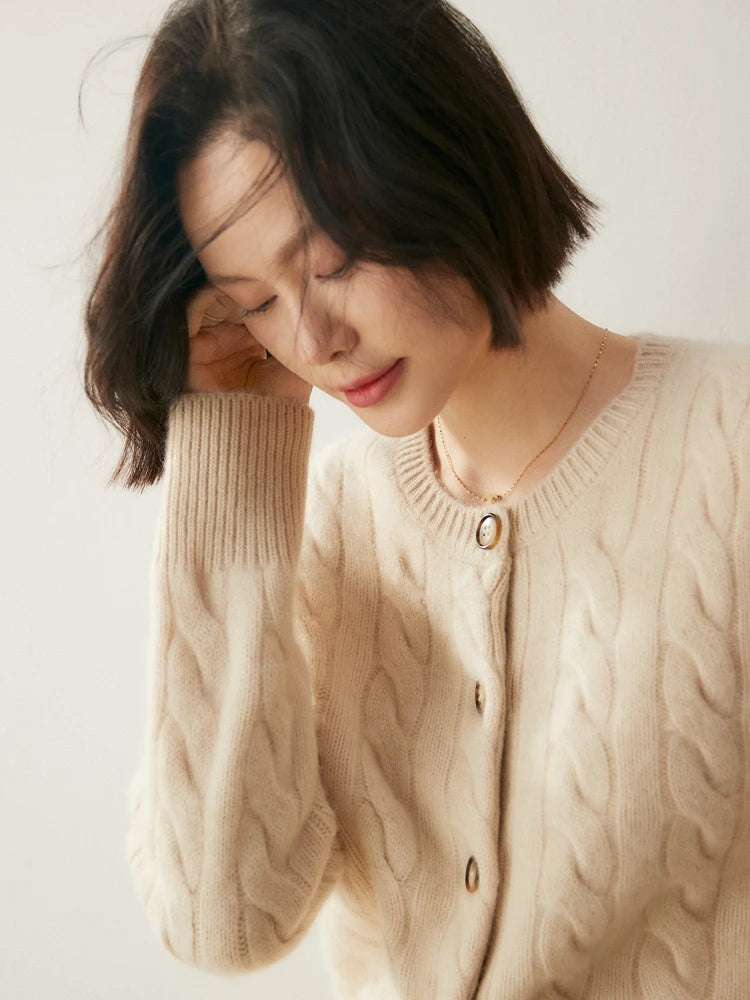 Luxury Women 100% Cashmere Sweater O-neck Cardigan Cable Knitting Thick Sweater Coat Autumn Winter Heavyweight Cashmere Clothes