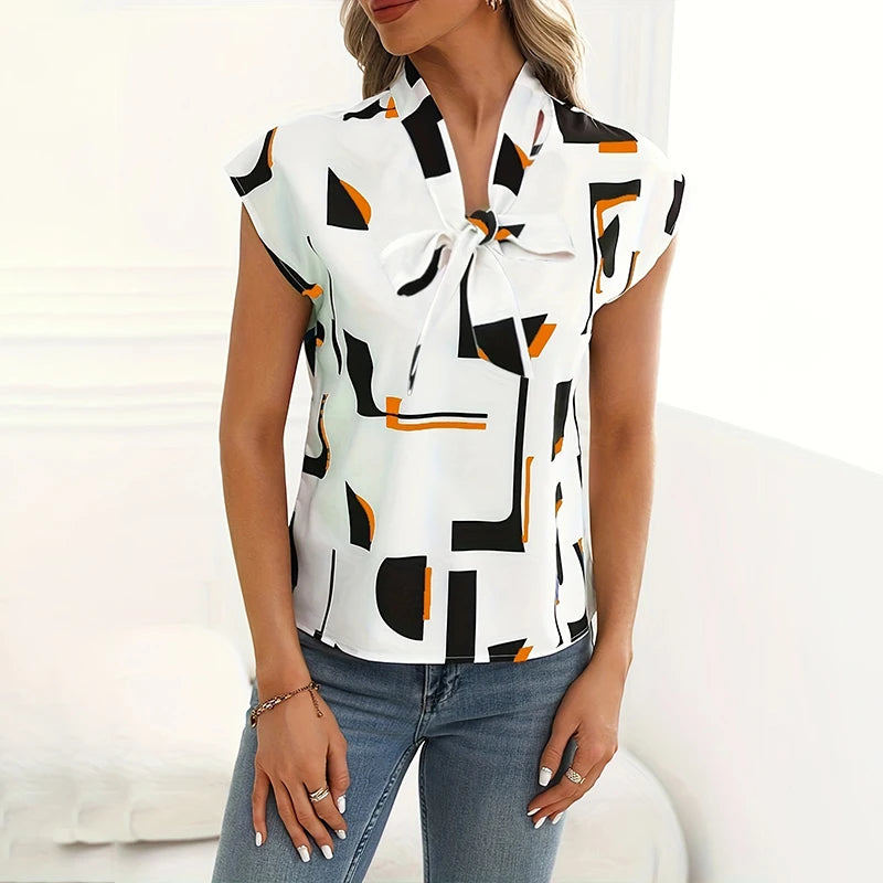 Women's shirt multi-style bow V-neck casual short-sleeved top chiffon shirt striped print design fashion commuter ladies top shi