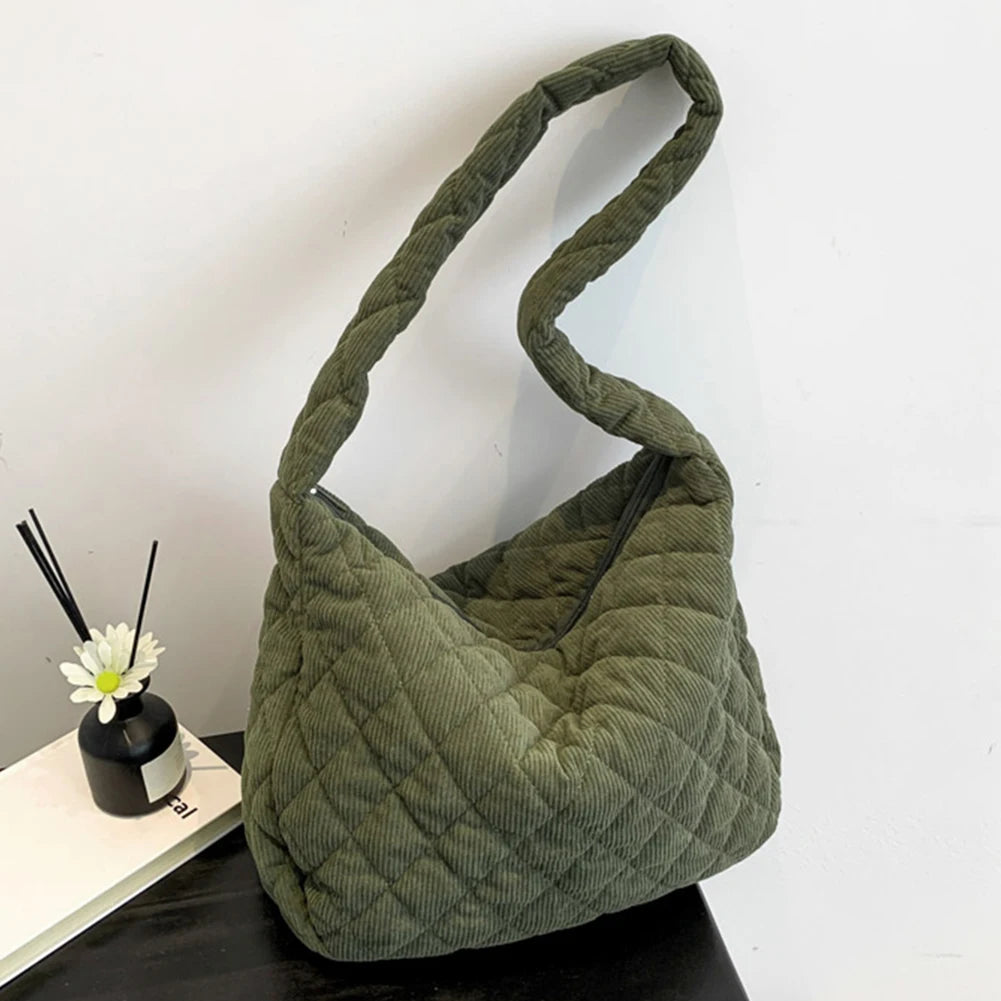 Women Underarm Bag Stylish Corduroy Quilted Shoulder Bag Trendy Bag Fashion Work Tote Retro Classic Purse Solid Color Handbag