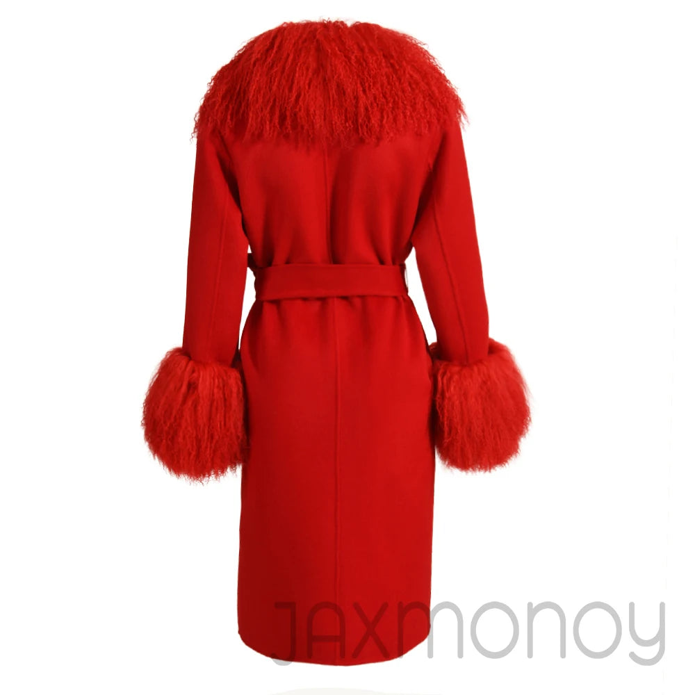 Women Cashmere Wool Coat With Real Mongolian Sheep Fur Collar  Ladies Autumn Winter Fashion Long Outwear Full Sleeve Fur Jacket