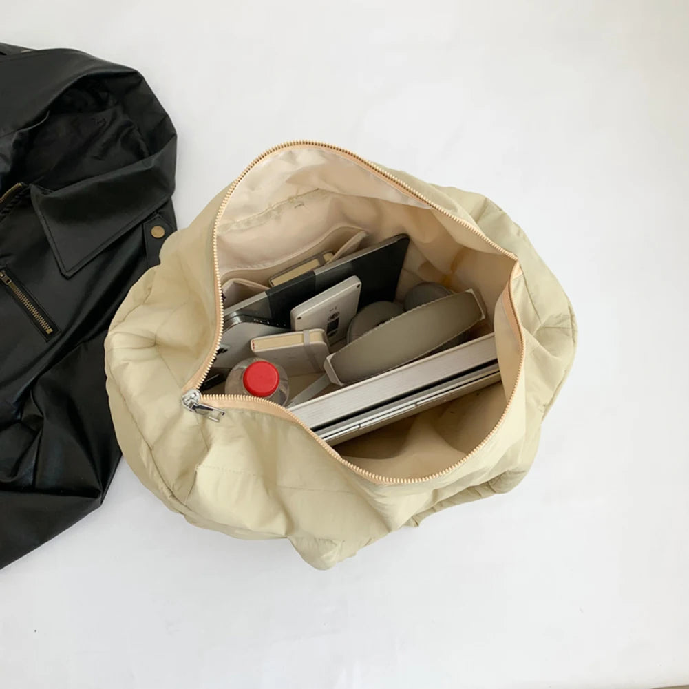 Women Padded Handbag Solid Color Quilted Single Shoulder Bag Large Capacity Soft Cloud Tote Bag Trendy Commuting Bags