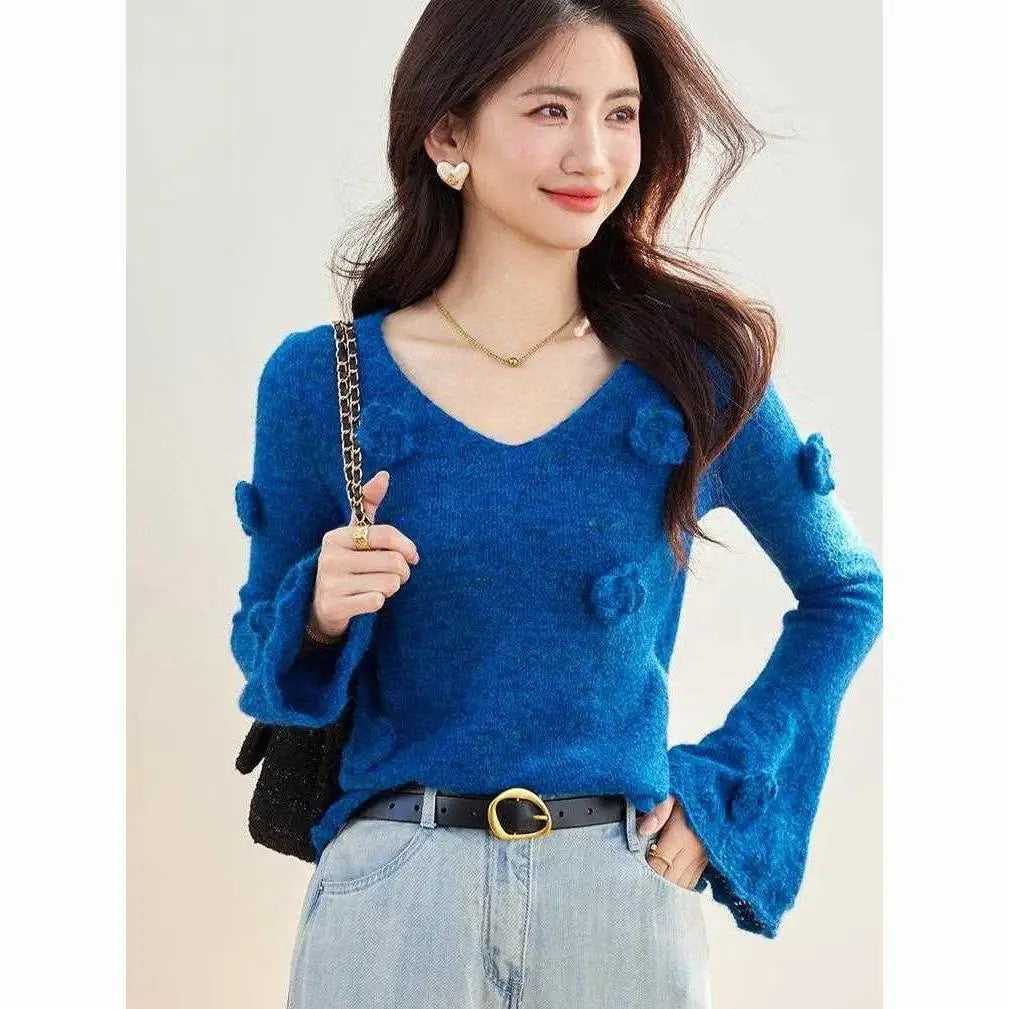 Women Clothes Spring Autumn Fashion Korean Solid Color V-neck Knitting Femme All-match Appear Thin Pullovers Soft Knitwear Tops