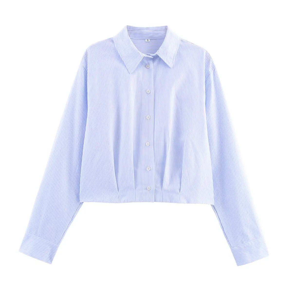 HH Women's 2025 Fashion Versatile Waist Pleated Blue Striped Shirt Female Elegant Lapel Single-Breasted Long-Sleeved Shirt