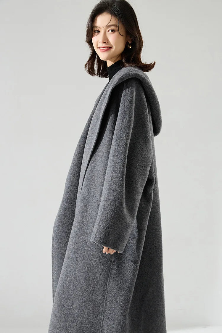 Office Lady Cashmere Woolen Jackets 2024 Autumn And Winter High-Grade Hooded Bathrobe Style Loose Lace-Up Long Women Wool Coats