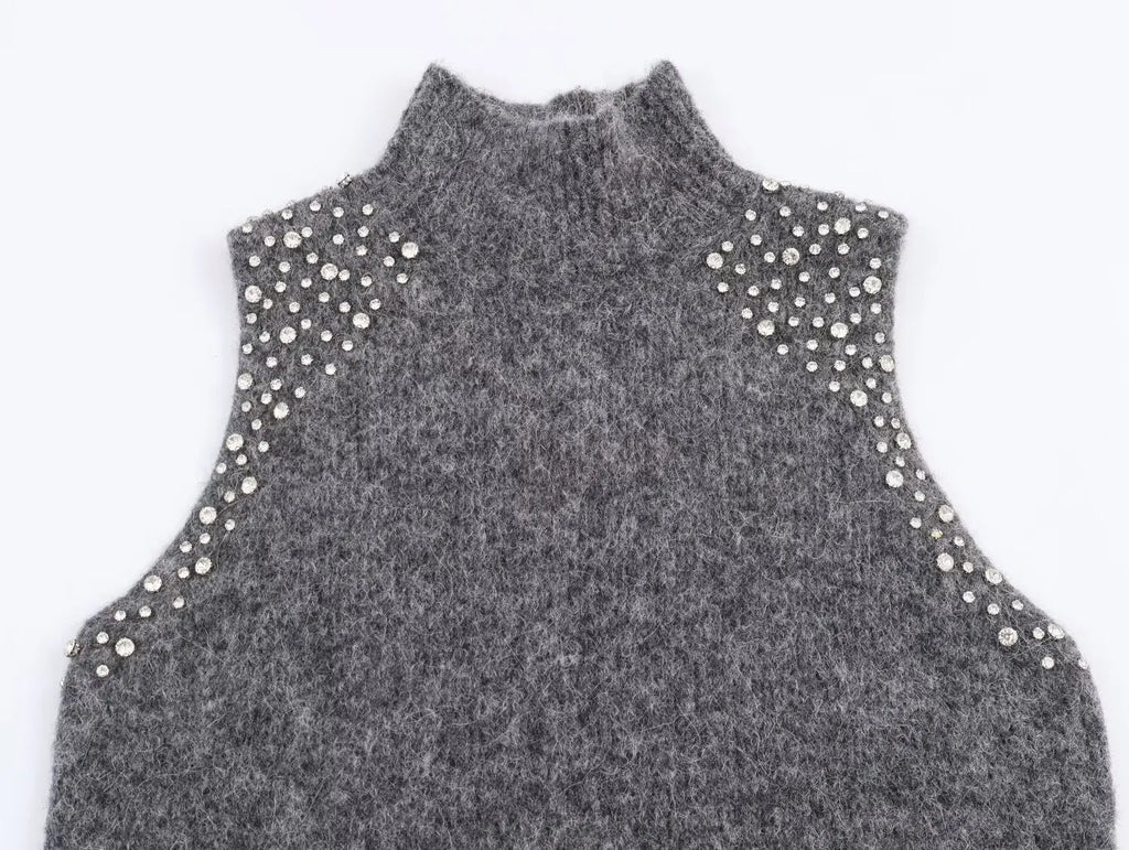 Women Vest 2025 Women Autumn New Fashion O-Neck Sleeveless Jewelry Decoration Pullover Women Elegant Hight Street Top