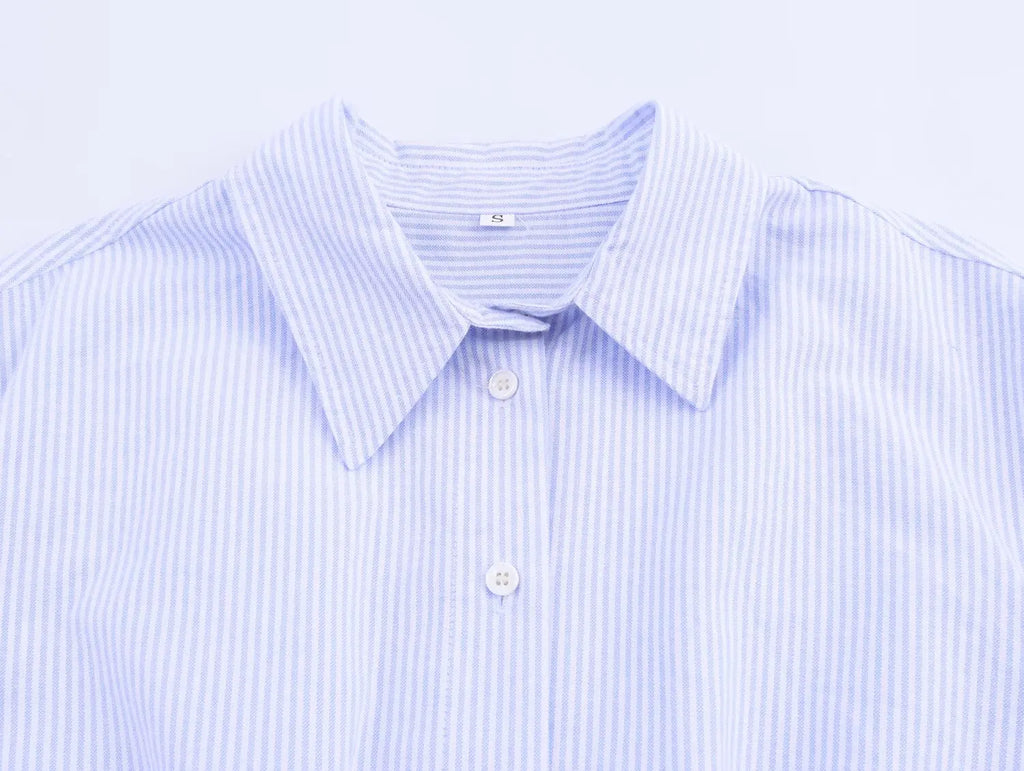 HH Women's 2025 Fashion Versatile Waist Pleated Blue Striped Shirt Female Elegant Lapel Single-Breasted Long-Sleeved Shirt