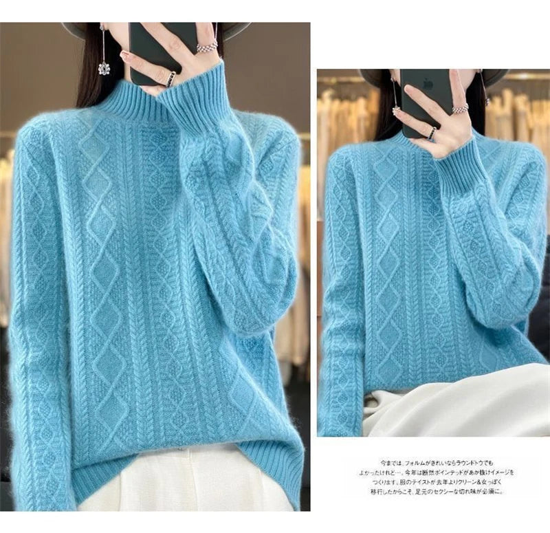 2024 New Women Autumn Winter Sweater Thick 100% Merino Wool Turtleneck Casual Cashmere Knitwaer Pullover Korean Fashion Tops