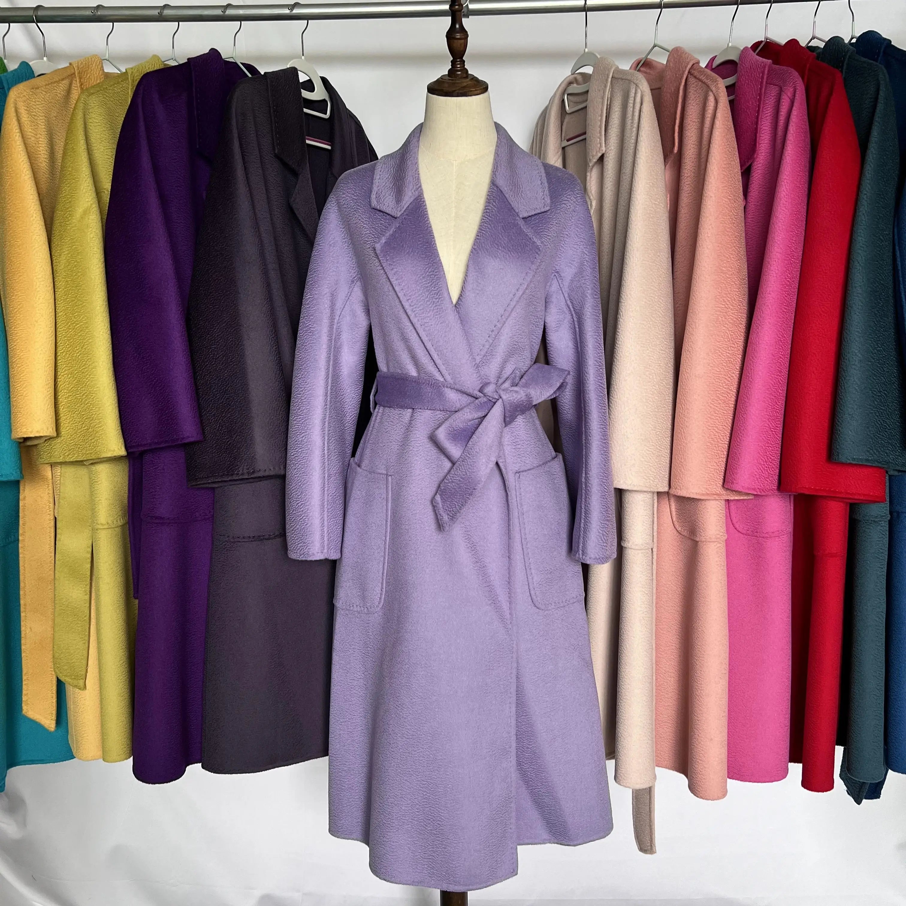 Cashmere Coat Female Winter Mid-Length Corrugated Coat Black Wool Coat Woman Autumn New Casual Fashion Red Beige Lace-Up Coat