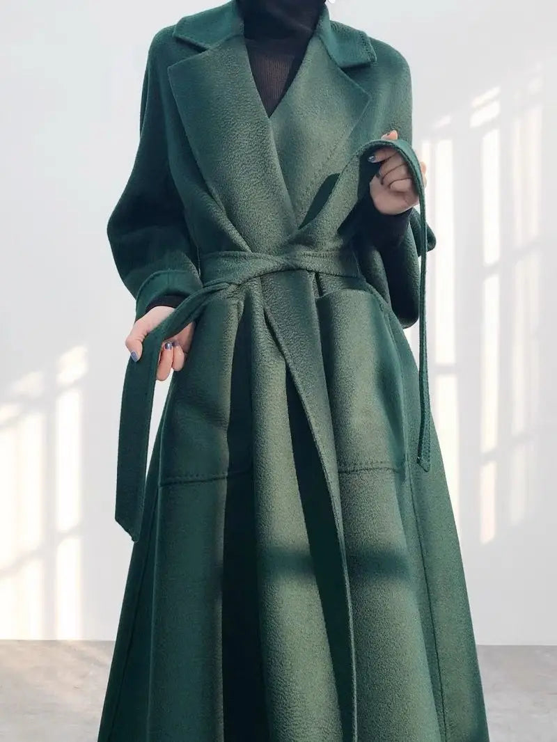 2023 New Reversible Cashmere Coat Women Long Below The Knee High-End Water Ripple Wool Coat Autumn Winter Loose Lace-up Outwear