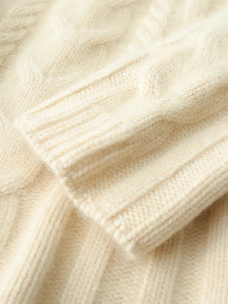 Women 100% Cashmere Sweater Mock Neck Pullover Cable Knitting Vintage Loose Style Thickened Cashmere Knitwear Autumn Winter Tops