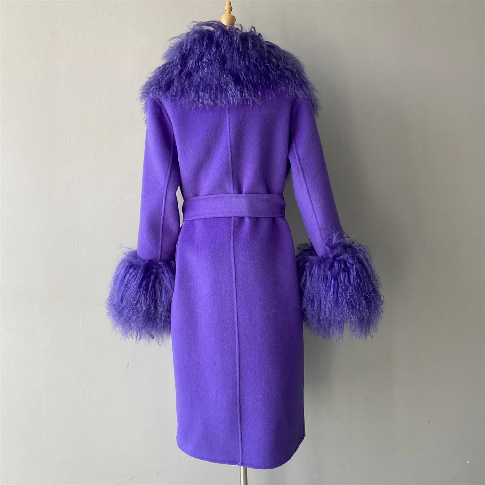 Women Cashmere Wool Coat With Real Mongolian Sheep Fur Collar  Ladies Autumn Winter Fashion Long Outwear Full Sleeve Fur Jacket