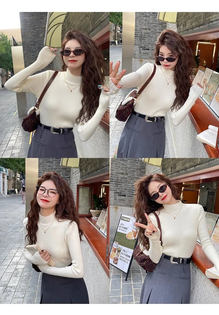 Chic Autumn Winter 2025 Pullovers Women Long Sleeve Casual Turtleneck Warm Basic Sweater Knit Jumpers Solid Color Slim Tops