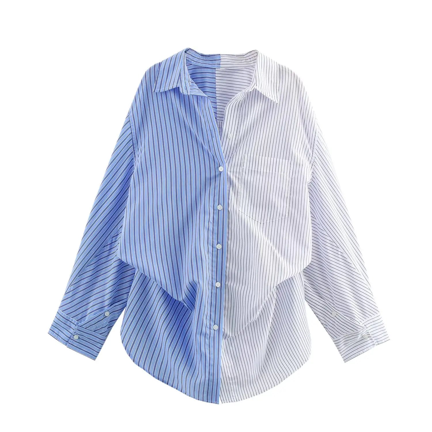 HH Women Elegant Commuter Shirt Splicing Loose Striped Single-breasted Lapel Blouse Female Spring Casual Long-sleeved Top