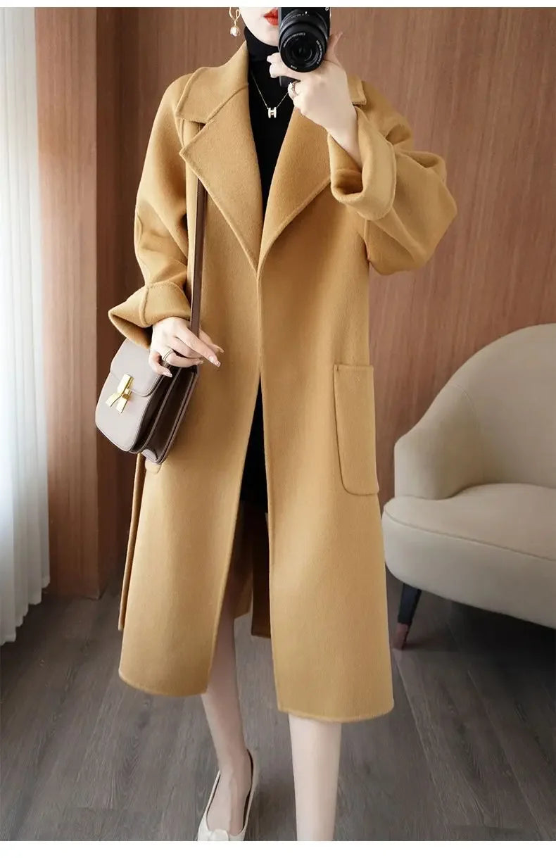 100% Wool Coat Women's Wear 2025 Autumn/Winter Fashion Temperament Double sided Cashmere Coats with Belt Elegant Long Overcoat
