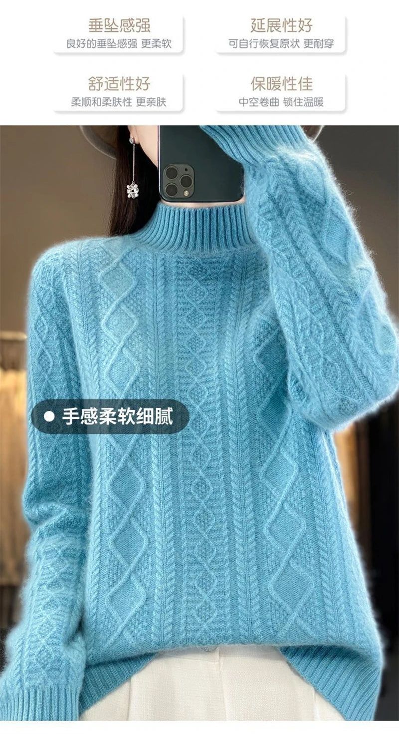 2024 New Women Autumn Winter Sweater Thick 100% Merino Wool Turtleneck Casual Cashmere Knitwaer Pullover Korean Fashion Tops