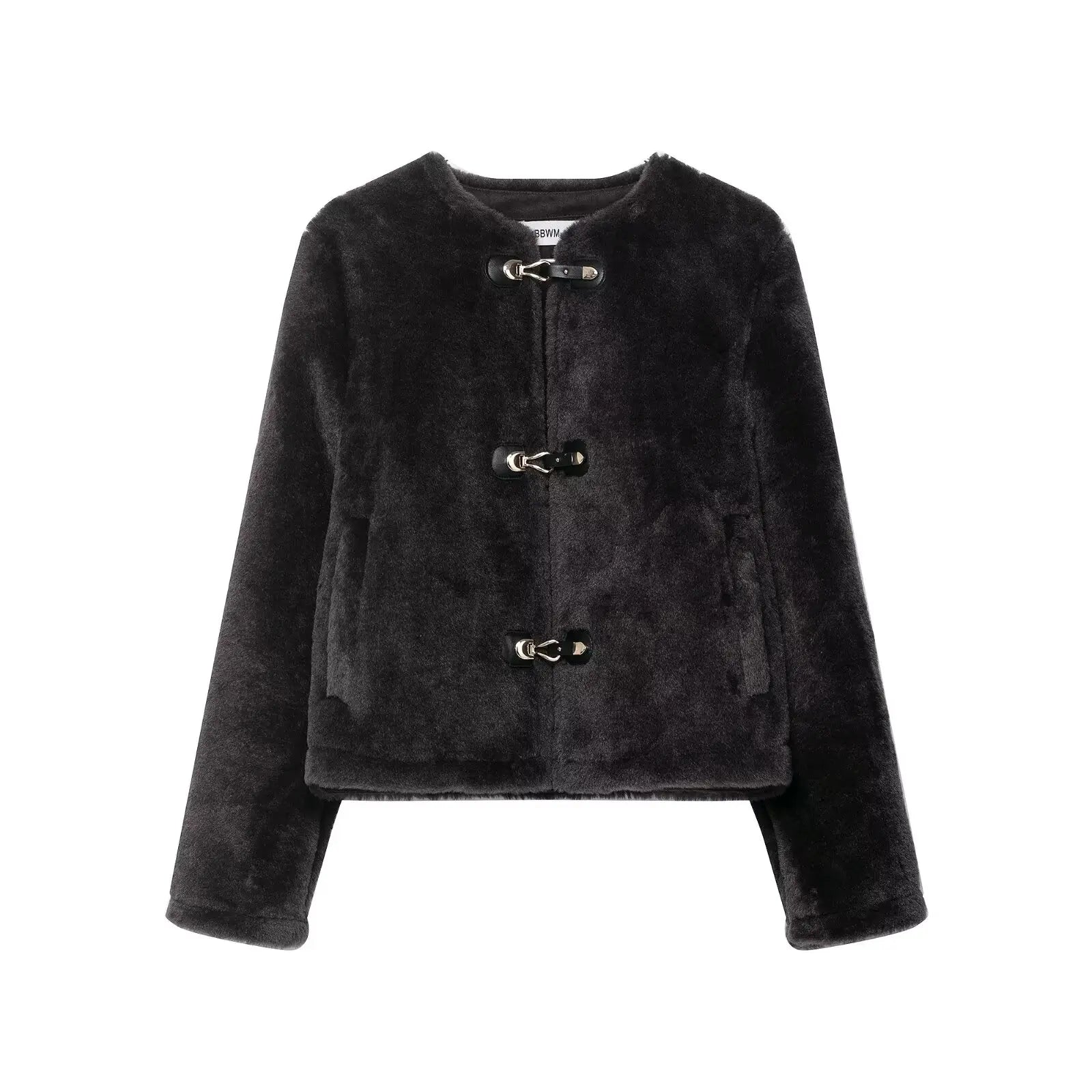 Women Fashion Winter Fur Coat Solid Beige Long Sleeves Horn Buckle Loose Jackets Female Casual Vintage High Street Outerwear Top