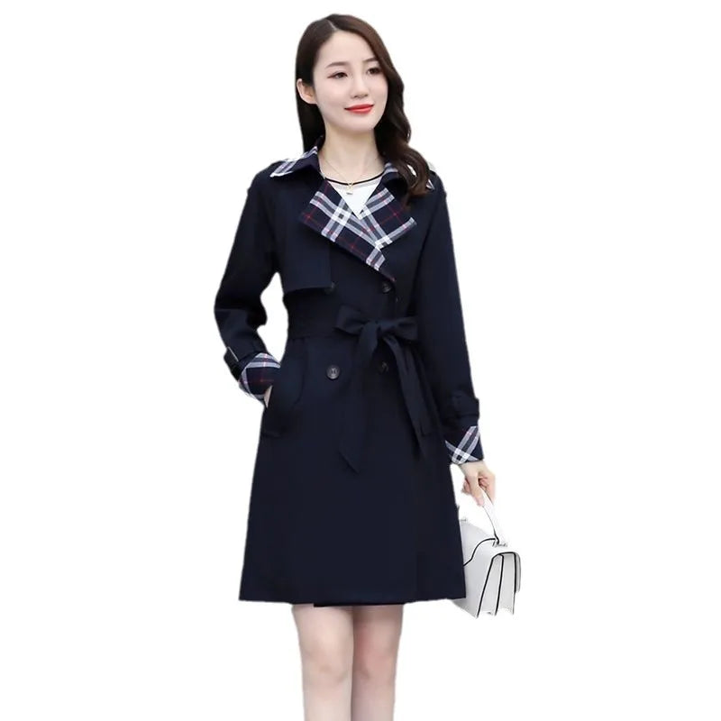 Women Trench Coat 2024 Spring New Style Lapel Collar Khaki Double Breasted Button Office Lady Windbreaker Coat