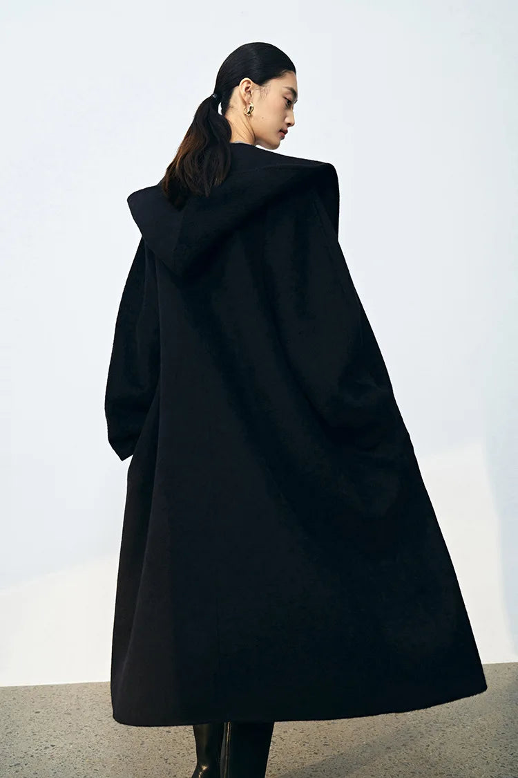 Office Lady Cashmere Woolen Jackets 2024 Autumn And Winter High-Grade Hooded Bathrobe Style Loose Lace-Up Long Women Wool Coats