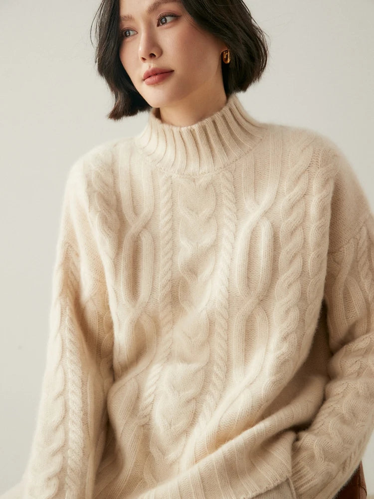 Women 100% Cashmere Sweater Mock Neck Pullover Cable Knitting Vintage Loose Style Thickened Cashmere Knitwear Autumn Winter Tops