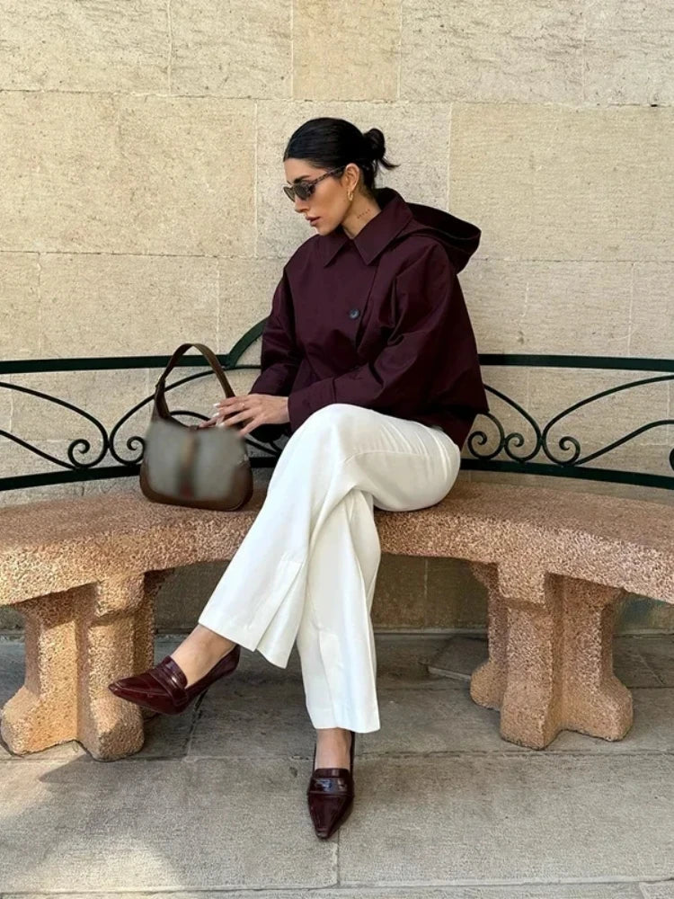 Women Casual Loose Solid Hooded trench coat 2025 Autumn Women Lapel Single Breasted Jacket Windbreaker Female Outwear