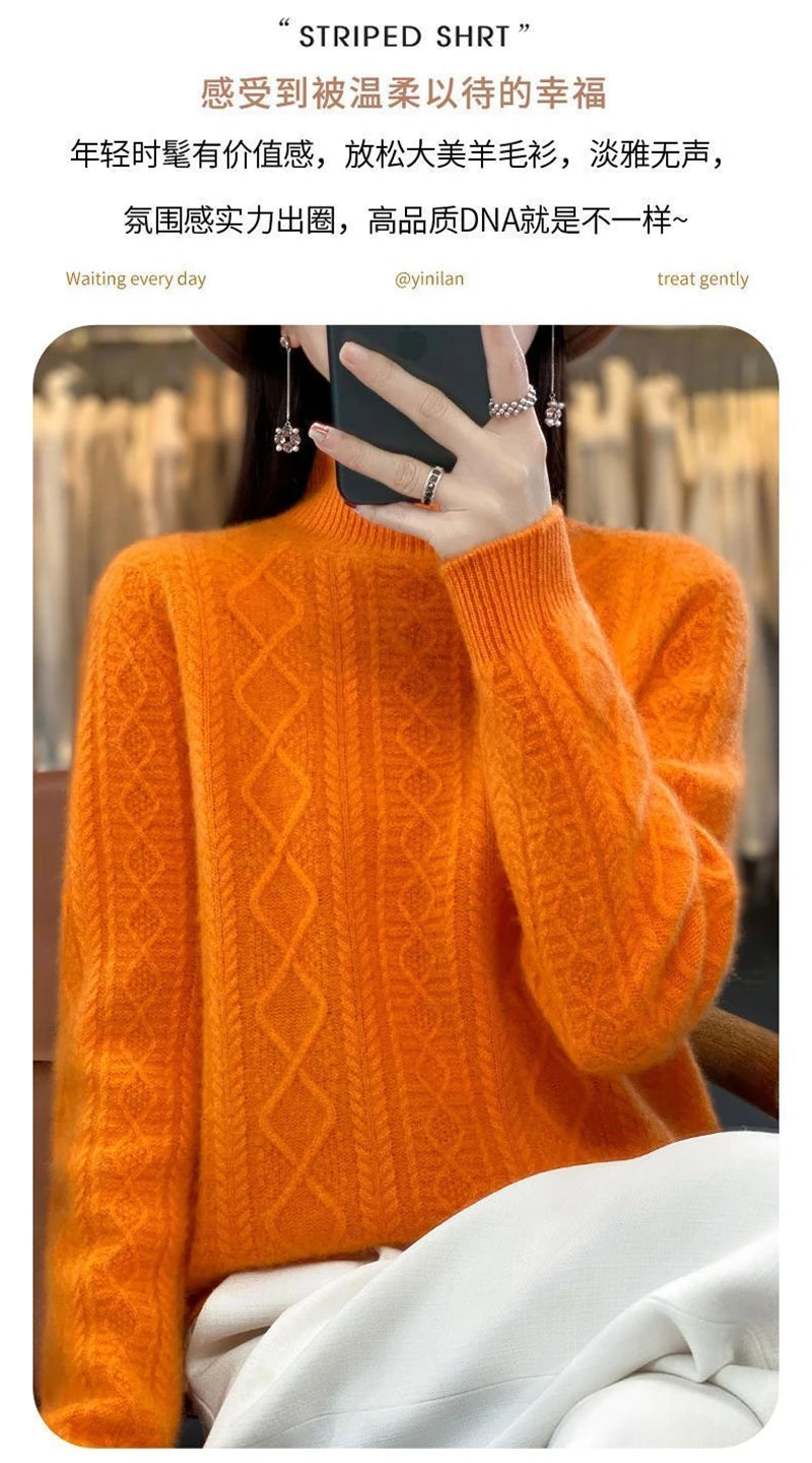 2024 New Women Autumn Winter Sweater Thick 100% Merino Wool Turtleneck Casual Cashmere Knitwaer Pullover Korean Fashion Tops