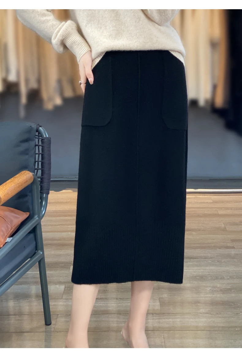 Women's Knitted Cashmere Skirt Double Pocket 100% Pure Wool Commuter Joker Straight Skirt for Autumn Winter New