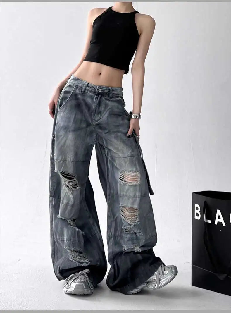Women Jeans Pants American High Street Ripped Straight Wide-Leg Jeans For Women Design Tie-Dye Jazz Dance Cargo Full Thin Jeans