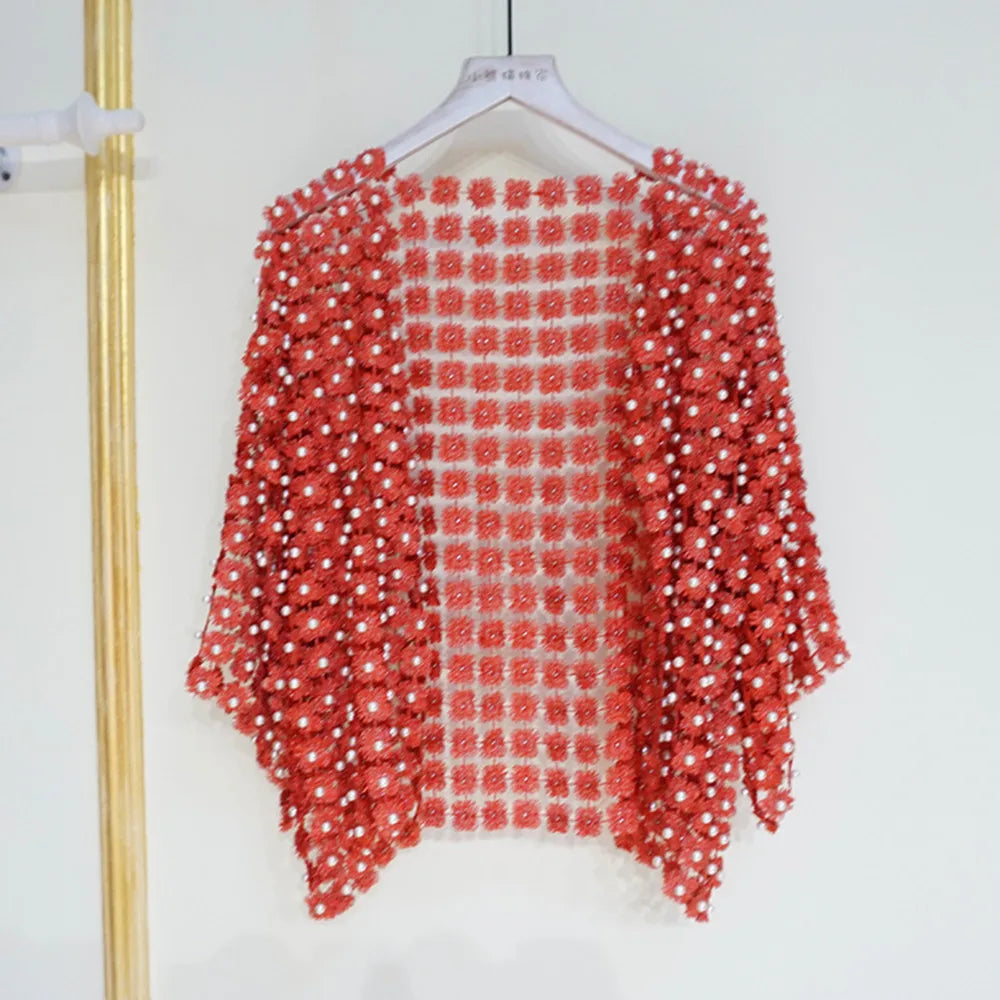 Women Beads Coat Style Women Perspective Shawl Fashion Hollow Out Lace Boleros Short Sleeve Coats Jackets Femal