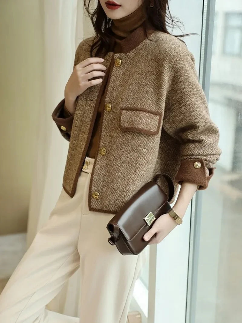 Knitting Wool Blend Coat for Women New In Round Neck Mixtures Jacket Woman Fashion 2025 High Quality Medium Elegant Hot Autumn